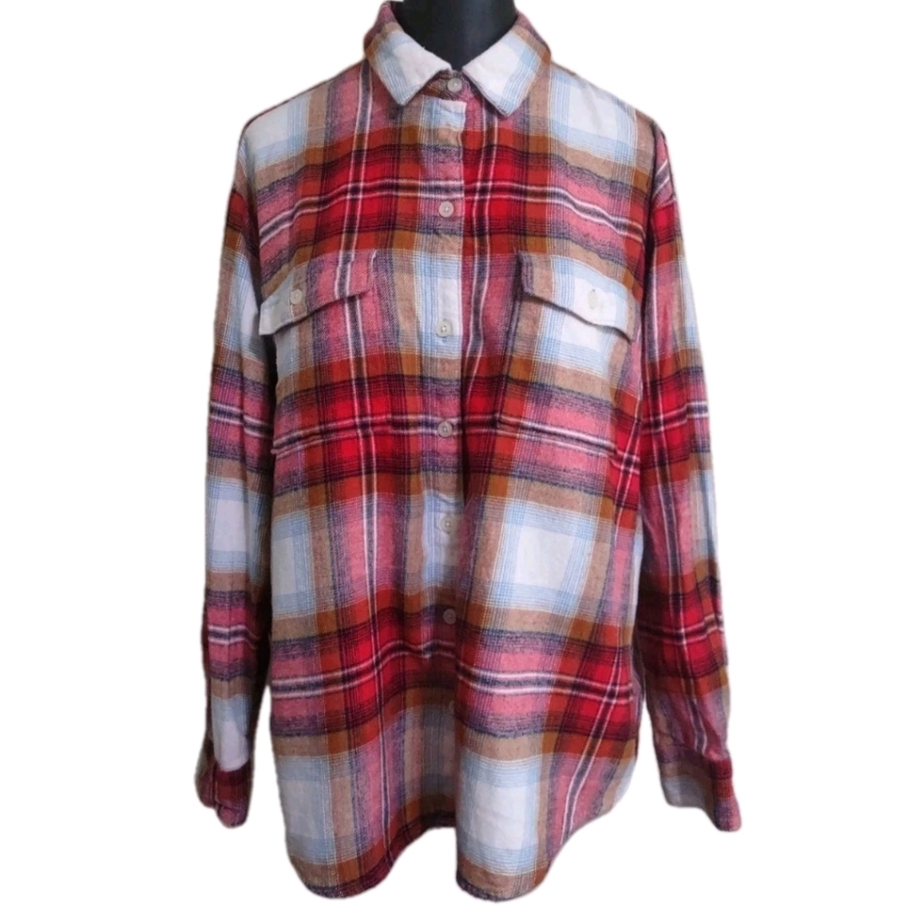 Old Navy Women's Boyfriends Sz M Plaid Cotton Flannel Button Up Shirt Cabin Core